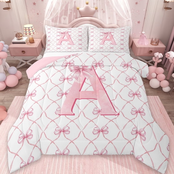 Manfei Monogrammed A Bedding Twin Comforter Set,Ribbon Bowknot Down Comforter,Pink White Bedding Sets Twin with Comforter,Microfiber Room Decorative Reversible,2 Pieces