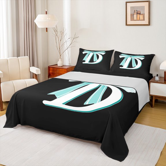 Manfei Monogrammed Bowknot D Twin Sheet Sets, Cyan Cute Dreamy Bowknot Twin Fitted Sheet, Cartoon Initial Letter Flat Sheet, Ultra Soft Home Decor, 3pcs