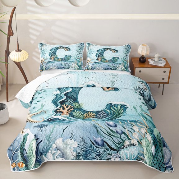 Manfei Monogrammed C Graphic Bed Spread Queen,Sweet Sea Life Queen Coverlet Set,Multicolor,3pcs