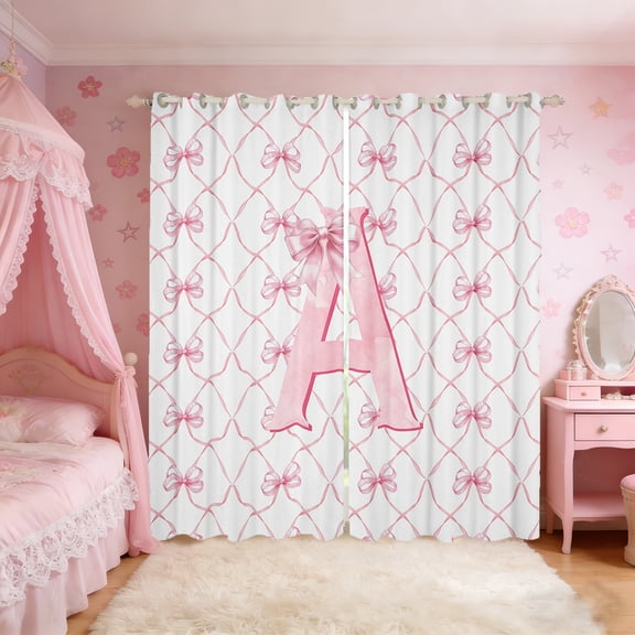Manfei Monogrammed A Curtains and Drapes (38x45),Ribbon Bowknot Blackout Curtains for Bedroom,Pink White Curtains Pack of 2 (38x45),Microfiber Room Decorative