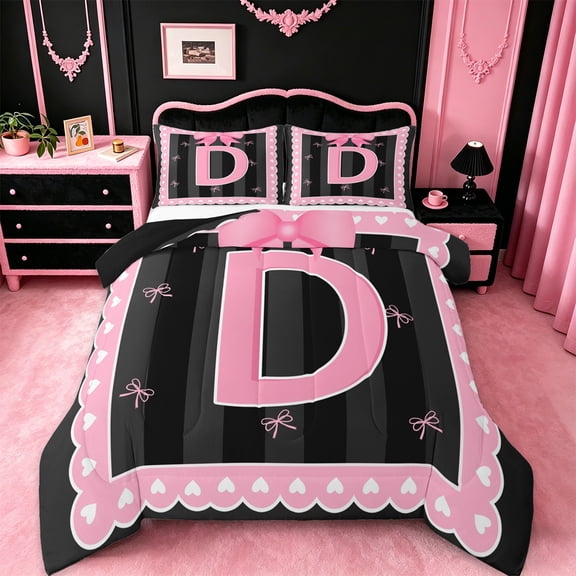 Manfei Monogrammed D Bedding Sets Twin with Comforter,Ribbon Bowknot Duvet Insert,Pink Black Comforter Sets Twin Size,Microfiber Room Decorative Reversible,2pcs