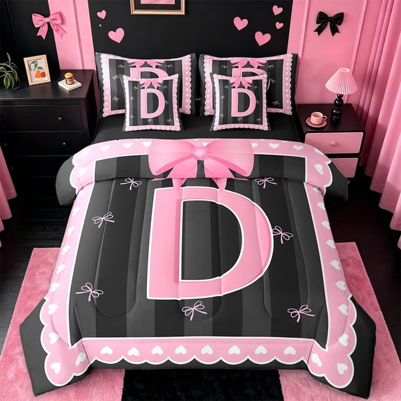 Manfei Monogrammed D Bedding Twin Size,Ribbon Bowknot Comforter Sets with Sheets,Pink Black Bedding Sets Twin Size,Microfiber Room Decorative Reversible,7pcs