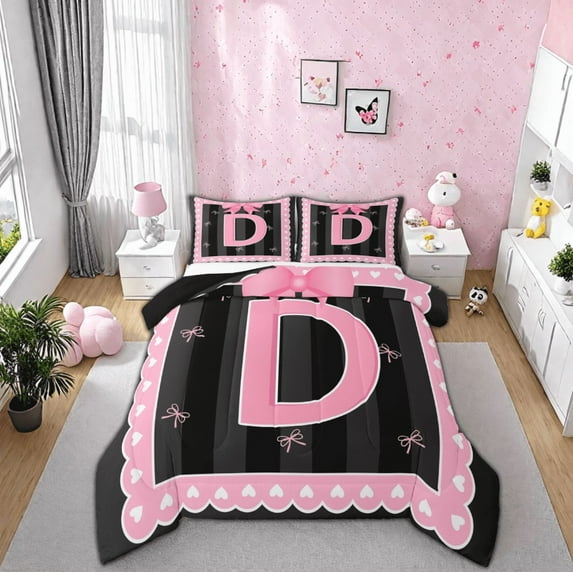 Manfei Monogrammed D Comforter Sets Full Size,Ribbon Bowknot Comforters & Duvets,Pink Black Bedding Full Comforter Set,Microfiber Room Decorative Reversible,3-Piece