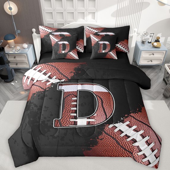 Manfei Monogrammed D Theme 7pcs Bedding Comforter Set,Rugby Football Sport Queen Bedding Sets,Boys Ball Game Queen Sheet Sets For Teens,Ultra Soft Bedroom Decor Reversible