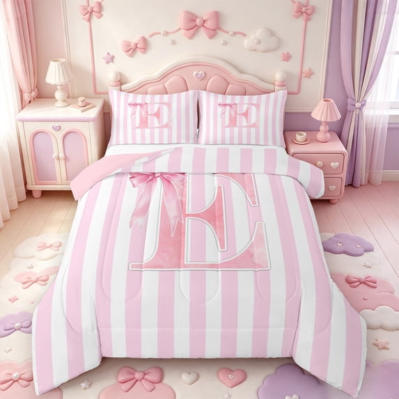 Manfei Monogrammed E Design Full Size Comforter Sets,Pink Geometric Stripes Art Bedding Comforter Set,Pink Reversible,3pcs,1 Comforter and 2 Pillowcases