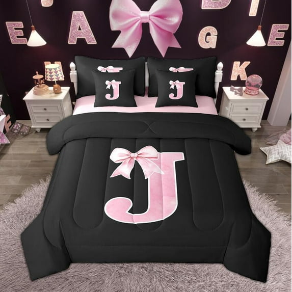 Manfei Monogrammed Girl Bedding Comforter Set 7-Piece, Personalized Initial J King Bedding Sets, Princess Bow Knot Bed Sheets, Black Pink Bedroom Decor