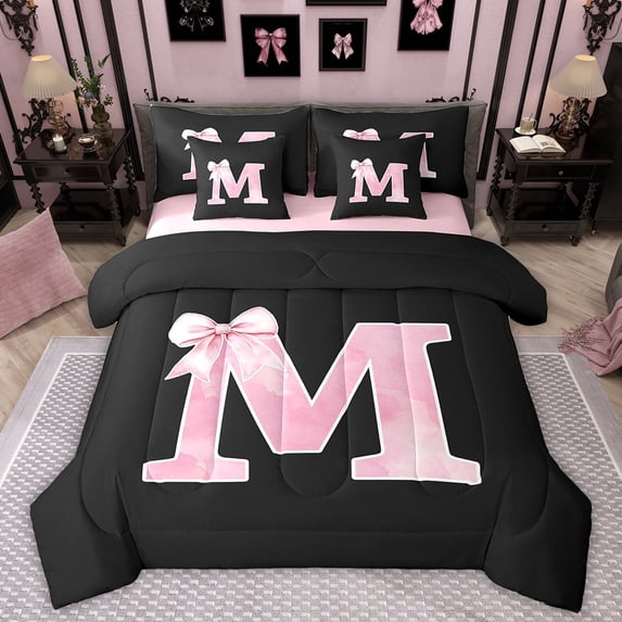 Manfei Monogrammed Girl Bedding Comforter Set 7pcs, Personalized Initial M Queen Bedding Sets, Princess Bow Knot Queen Sheet Sets, Black Pink Bedroom Decor