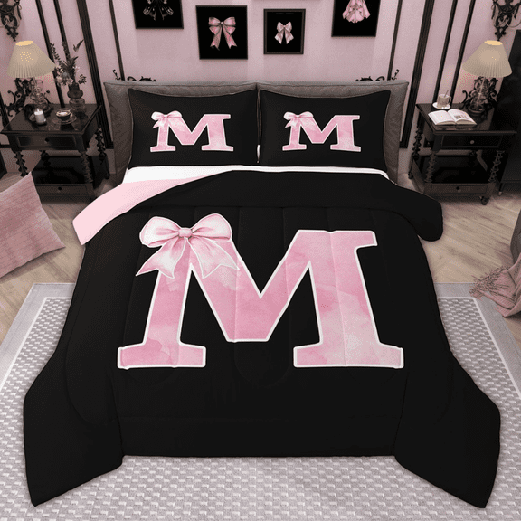 Manfei Monogrammed Girl Bedding Comforter Set, Personalized Initial M Twin Comforter Sets, Princess Bow Knot Bedding Set, Black Pink Bedroom Decor, Reversible 2 Pieces