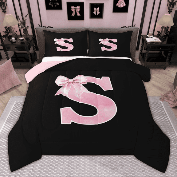 Manfei Monogrammed Girl Bedding Comforter Set, Personalized Initial S Twin Comforter Sets, Princess Bow Knot Bedding Set, Black Pink Bedroom Decor, Reversible 2 Pieces