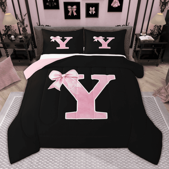 Manfei Monogrammed Girl Bedding Comforter Set, Personalized Initial Y Twin Comforter Sets, Princess Bow Knot Bedding Set, Black Pink Bedroom Decor, Reversible 2 Pieces