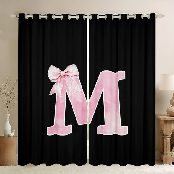 Manfei Monogrammed Girl Blackout Curtains Set of 2 (52x84 Each), Personalized Initial M Window Curtains, Princess Bow Knot Curtains and Drapes, Black Pink Bedroom Decor