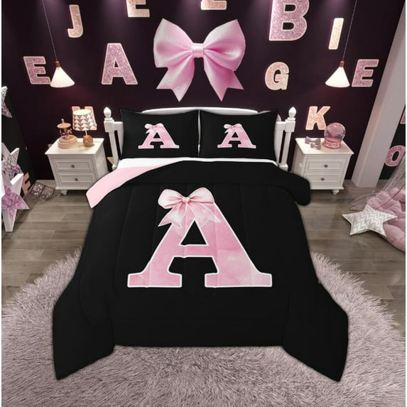Manfei Monogrammed Girl Full Size Comforter Sets, Personalized Initial A Bedding Comforter Set, Princess Bow Knot Bedding Sets, Black Pink Bedroom Decor, Reversible 3pcs