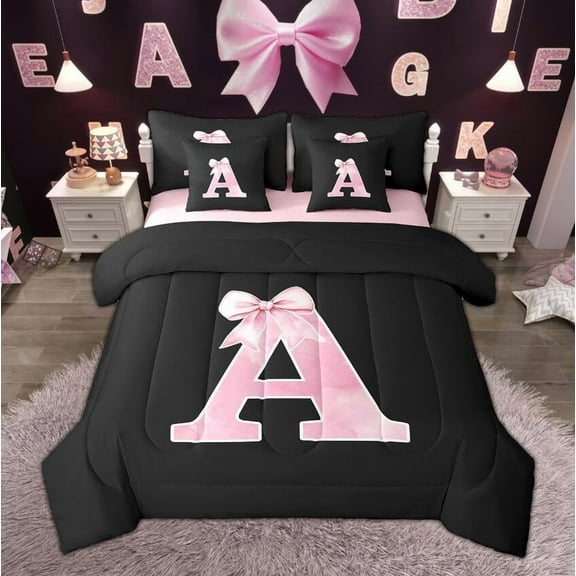 Manfei Monogrammed Girl Twin Bedding Sets 7-Piece, Personalized Initial A Bedding Comforter Set, Princess Bow Knot Sheet Sets, Black Pink Bedroom Decor
