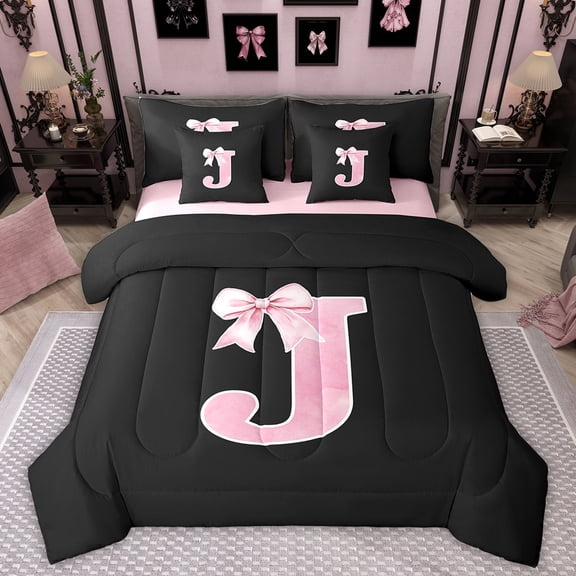 Manfei Monogrammed Girl Twin Bedding Sets 7-Piece, Personalized Initial J Bedding Comforter Set, Princess Bow Knot Sheet Sets, Black Pink Bedroom Decor