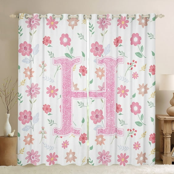 Manfei Monogrammed H Theme Curtains Pack of 2 (42x84 Each),Pink Kawaii Flower Curtains Blackout,Cartoon Floral Daisy Bedroom Curtains For Girl Teens,Ultra Soft Bedroom Decor