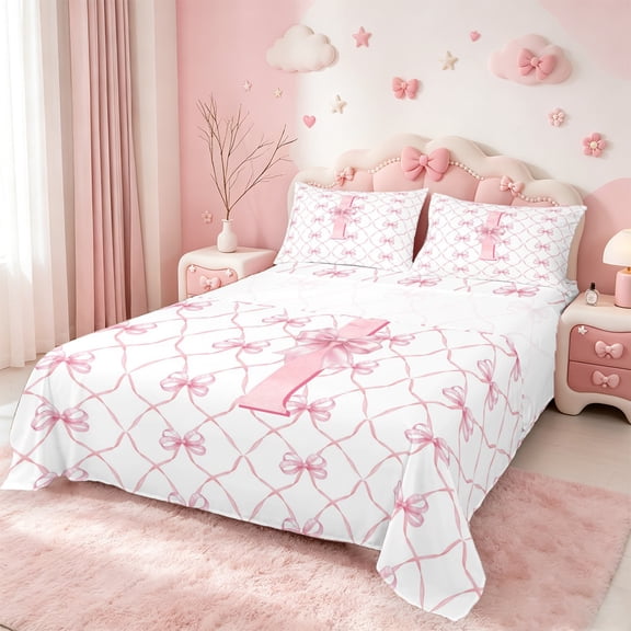 Manfei Monogrammed I Bed Sheets Twin,Ribbon Bowknot Bedding Twin Size,Pink White Sheet Set Twin,Microfiber Room Decorative,3-Piece