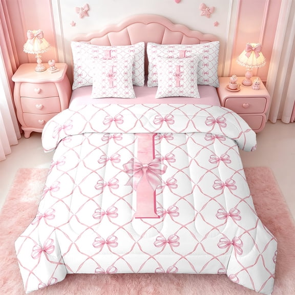 Manfei Monogrammed I Bedding Sets Twin Size,Ribbon Bowknot Comforter Sets with Sheets,Pink White Bed in a Bag Twin Size,Microfiber Room Decorative Reversible,7-Piece