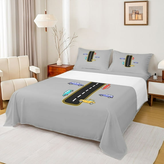 Manfei Monogrammed I Theme Twin Sheet Sets,Gray Black Twin Fitted Sheet,Multicolor Cartoon Sport Car Flat Sheet For Boys Teens,Ultra Soft Bedroom Decor,3-Piece