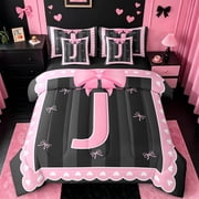 Manfei Monogrammed J Bed in a Bag Twin Size,Ribbon Bowknot Bed Set,Pink Black Bedding Twin Size,Microfiber Room Decorati