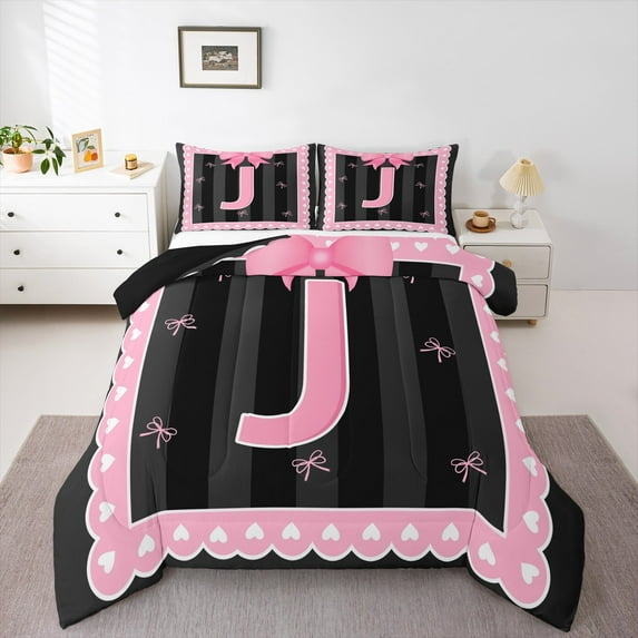 Manfei Monogrammed J Bedding King Comforter Set,Ribbon Bowknot Down Comforter,Pink Black Bedding Sets King with Comforter,Microfiber Room Decorative Reversible,3 Pieces