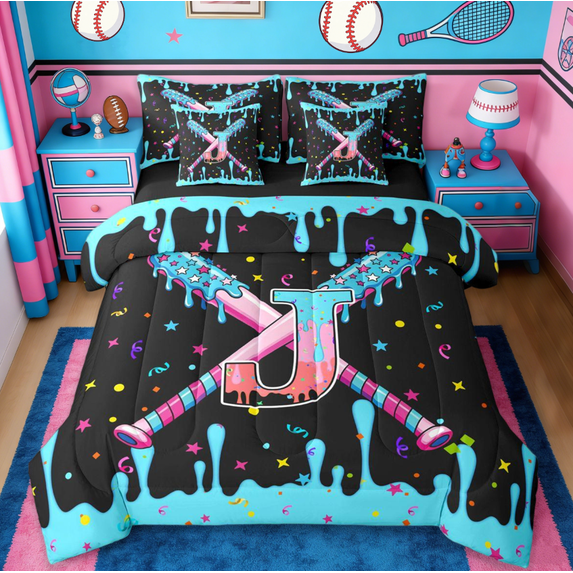 Manfei Monogrammed J Letter 7 Pieces Bedding Comforter Set,Baseball Ice Cream Full Bedding Set For Boys Girl Reversible