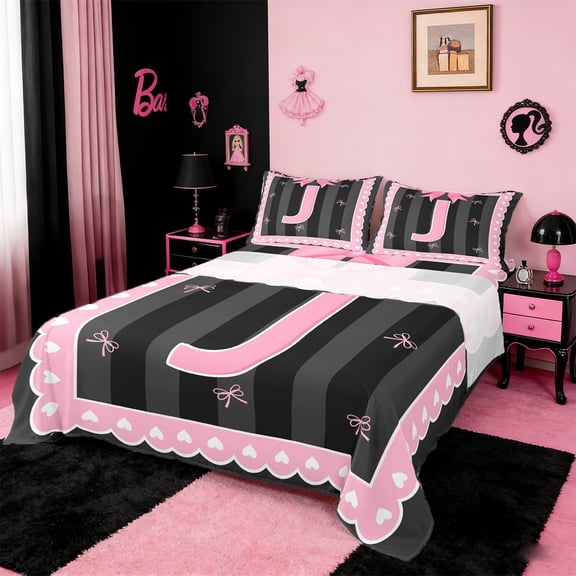 Manfei Monogrammed J Sheet Set Twin,Ribbon Bowknot Bedding Sets Twin Size,Pink Black Twin Sheet Sets,Microfiber Room Decorative,3 Pieces