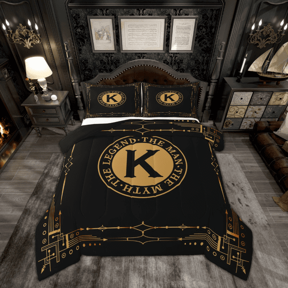 Manfei Monogrammed K Queen Comforter Set for Kid, Hippie Western Aztec Bedding Comforter Set, Geometric Stripes Reversible Bedding Set, Luxury Bedroom Decor, 3 Pieces