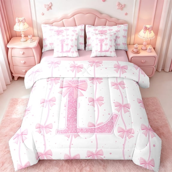 Manfei Monogrammed L Theme 7-Piece Bedding Comforter Set,Ribbon Bow Tie King Bedding Sets,Pink Sequin Print Bed Sheets For Girl Teens,Ultra Soft Bedroom Decor Reversible