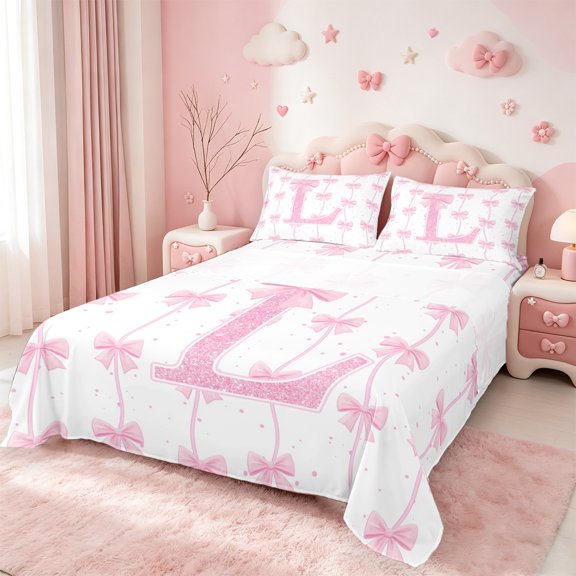 Manfei Monogrammed L Theme Bed Sheets,Ribbon Bow Tie King Sheets,Pink Sequin Print Sheet Set For Girl Teens,Ultra Soft Bedroom Decor,4-Piece