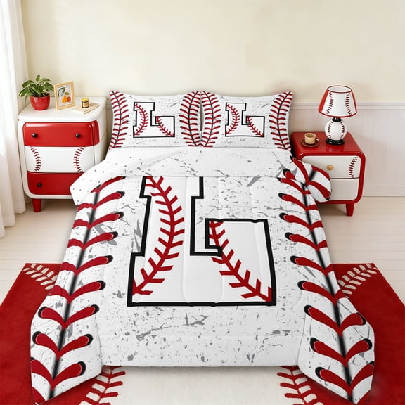 Manfei Monogrammed L Theme Bedding Comforter Set,Baseball Gamer Twin Comforter Sets,Ball Sport Game Bedding Set For Boy Teens,Ultra Soft Bedroom Decor Reversible,2 Pieces