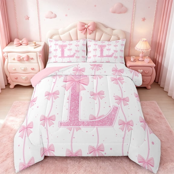 Manfei Monogrammed L Theme Queen Comforter Set,Ribbon Bow Tie Bedding Sets,Pink Sequin Print Bedding Comforter Set For Girl Teens,Ultra Soft Bedroom Decor Reversible,3pcs
