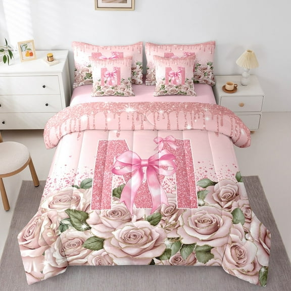 Manfei Monogrammed Letter 7-Piece Twin Bedding Sets,Bow Flower Bedding Comforter Set,Bling Glitter Breathable Sheet Sets,Super Cozy Floral Room Decor,Reversible