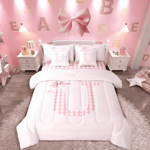 Manfei Monogrammed Letter 7-Piece Twin Bedding Sets,Kawaii Bow Bedding Comforter Set,Geometric Plaid Breathable Sheet Sets,Super Cozy Cartoon Room Decor,Reversible