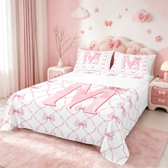 Manfei Monogrammed M Bed Sheets Twin,Ribbon Bowknot Bedding Twin Size,Pink White Sheet Set Twin,Microfiber Room Decorative,3 Pieces
