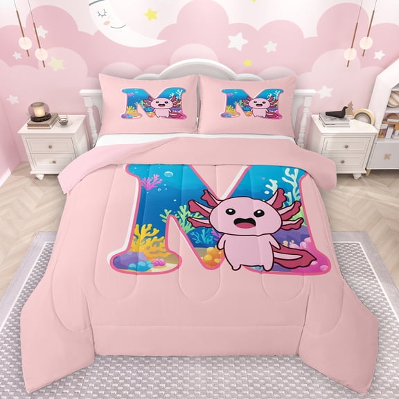 Manfei Monogrammed M Theme Bedding Comforter Set,Ocean Animal Axolotl Twin Comforter Sets,Multicolor Sealife Croal Bedding Set For Girl Teens,Ultra Soft Bedroom Decor Reversible,2-Piece