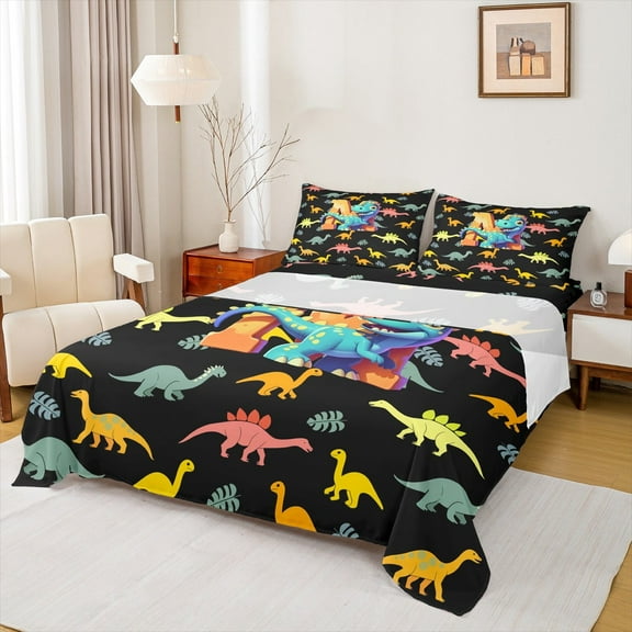 Manfei Monogrammed M Twin Sheet Sets,Zoo Animal Dinosaur Twin Fitted Sheet,Black Yellow Flat Sheet,Microfiber Room Decorative,3pcs