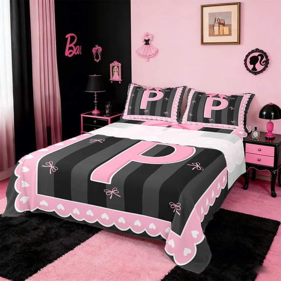 Manfei Monogrammed P Sheet Set Twin,Ribbon Bowknot Bedding Sets Twin Size,Pink Black Twin Sheet Sets,Microfiber Room Decorative,3-Piece