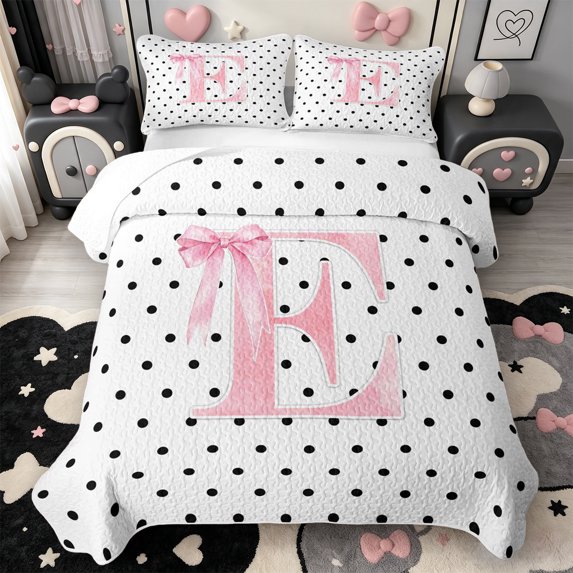 Manfei Monogrammed Print E Bed Spread Queen,Pink Princess Bowtie Queen Coverlet Set,3pcs,1 Quilt and 2 Pillowcases