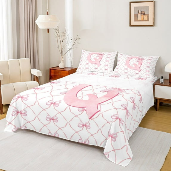 Manfei Monogrammed Q Bed Sheets Twin,Ribbon Bowknot Bedding Twin Size,Pink White Sheet Set Twin,Microfiber Room Decorative,3pcs
