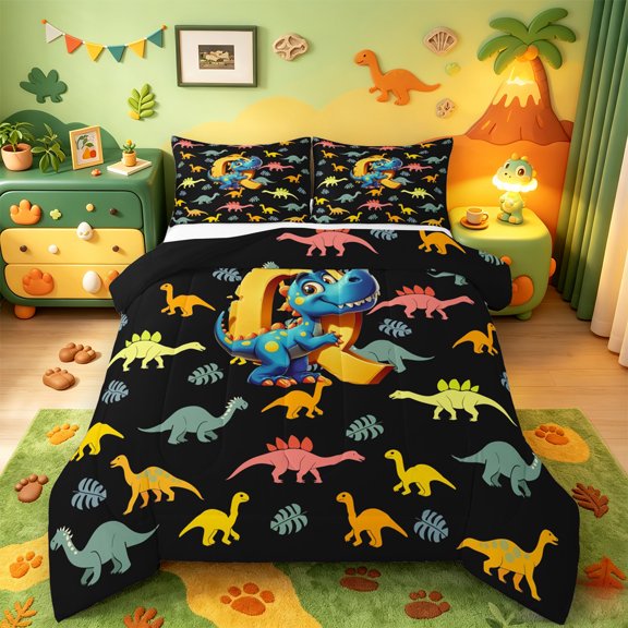 Manfei Monogrammed Q Bedding Comforter Set,Zoo Animal Dinosaur Twin Comforter Sets,Black Yellow Bedding Set,Microfiber Room Decorative Reversible,2-Piece