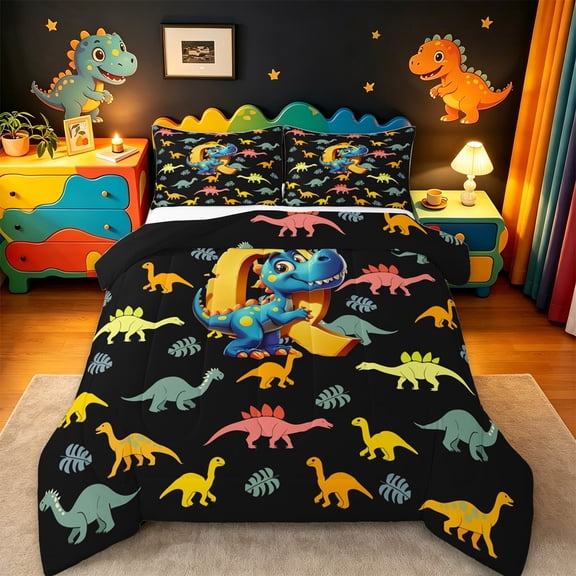 Manfei Monogrammed Q Bedding Comforter Set,Zoo Animal Dinosaur Twin Comforter Sets,Black Yellow Bedding Set,Microfiber Room Decorative Reversible,2-Piece