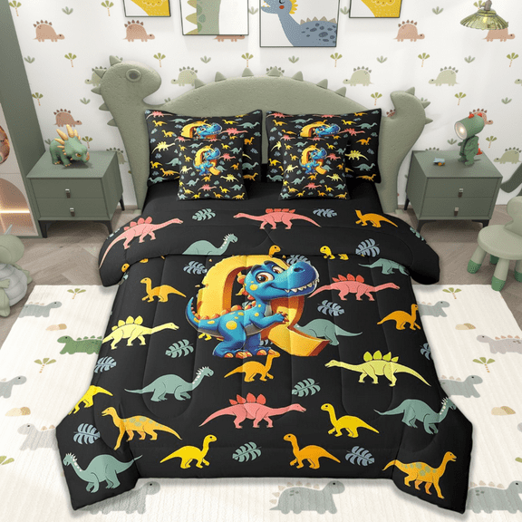 Manfei Monogrammed Q Twin Bedding Sets 7-Piece,Zoo Animal Dinosaur Bedding Comforter Set 7-Piece,Black Yellow Sheet Sets,Microfiber Room Decorative Reversible