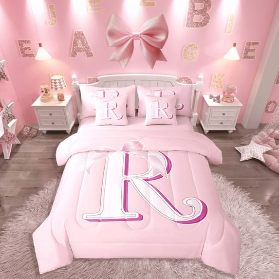 Manfei Monogrammed R 7pcs King Bedding Set - Dreamy Princess Bow-Tie Style