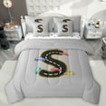 thumbnail image 1 of Manfei Monogrammed S Theme 7 Pieces Bedding Comforter Set,Gray Black Full Bedding Set,Multicolor Cartoon Sport Car Fitted Sheet Flat Sheet For Boys Teens,Ultra Soft Bedroom Decor Reversible, 1 of 8