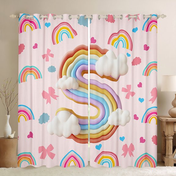 Manfei Monogrammed S Theme Black Out Curtains,3D Cartoon Clouds Curtains Pack of 2 (42x63 Each),Colorful Bow Rainbow Bedroom Curtains For Girl Teens,Ultra Soft Bedroom Decor