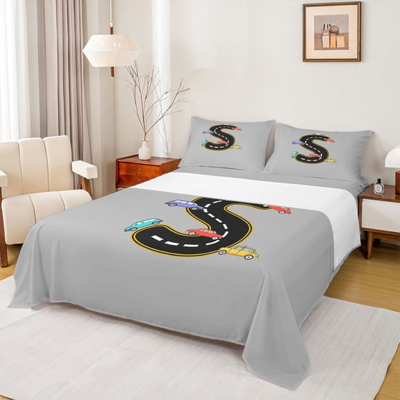Manfei Monogrammed S Theme Twin Sheet Sets,Gray Black Twin Fitted Sheet,Multicolor Cartoon Sport Car Flat Sheet For Boys Teens,Ultra Soft Bedroom Decor,3pcs