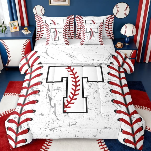Manfei Monogrammed T Theme 7pcs Bedding Comforter Set,Baseball Gamer Queen Bedding Sets,Ball Sport Game Queen Sheet Sets For Boy Teens,Ultra Soft Bedroom Decor Reversible