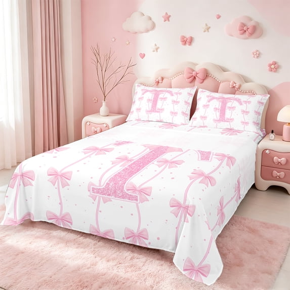 Manfei Monogrammed T Theme Bed Sheets,Ribbon Bow Tie King Sheets,Pink Sequin Print Sheet Set For Girl Teens,Ultra Soft Bedroom Decor,4pcs