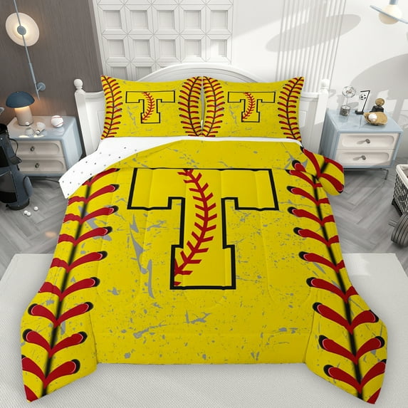 Manfei Monogrammed T Theme Bedding Comforter Set,Baseball Sport Twin Comforter Sets,Boys Ball Game Bedding Set For Teens,Ultra Soft Bedroom Decor Reversible,2pcs