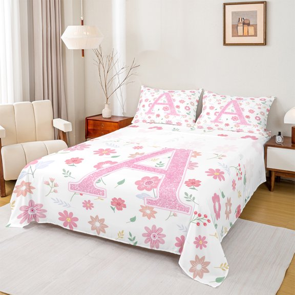 Manfei Monogrammed A Theme Twin Sheet Sets,Pink Kawaii Flower Twin Fitted Sheet,Cartoon Floral Daisy Flat Sheet For Girl Teens,Ultra Soft Bedroom Decor,3-Piece